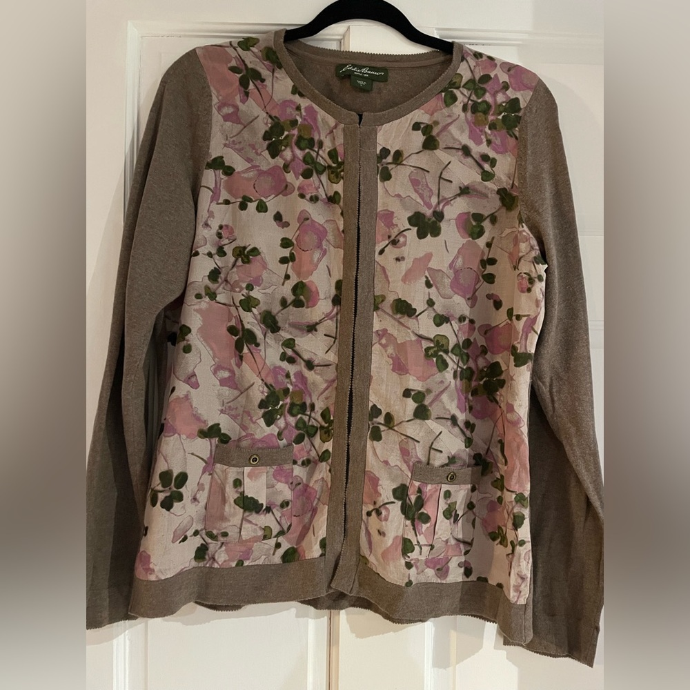 Eddie Bauer Pink and Brown Cardigan Floral Sweater